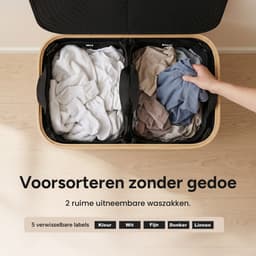 Wasmand 2 Vakken - Wassorteerder met Deksel - Wasbox op Wielen - 140L — thumbnail 2