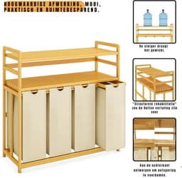 TIM® Wasmand 4 Vakken - Wassorteerder - Waszak - Bamboe Frame - Beige - 104cm x 42cm x 100cm — thumbnail 2