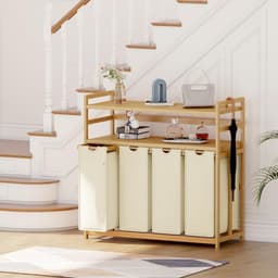 TIM® Wasmand 4 Vakken - Wassorteerder - Waszak - Bamboe Frame - Beige - 104cm x 42cm x 100cm — thumbnail 3