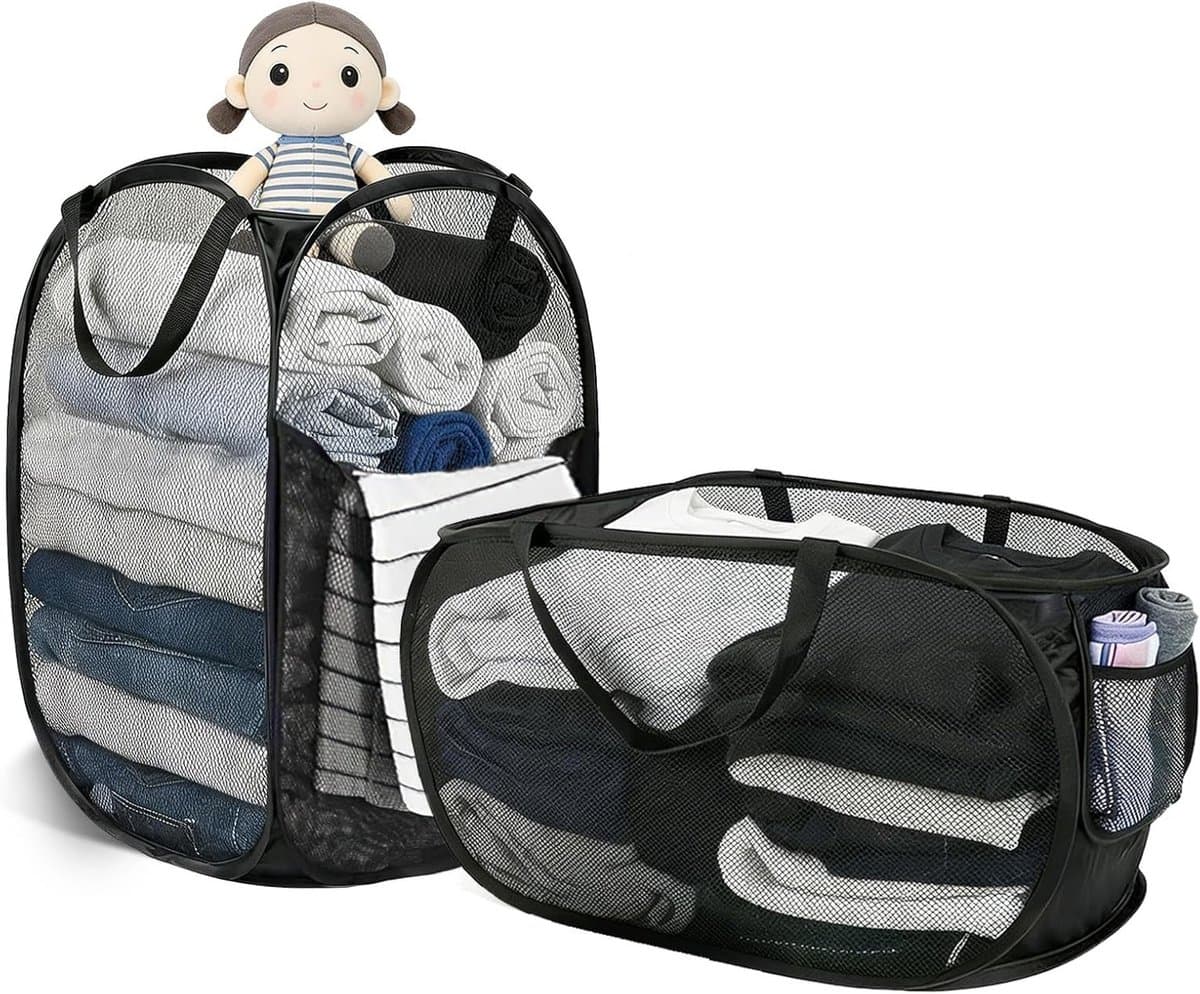 Duurzame Vouwbare Wasmanden van Mesh met Handige Pocket - Grote Wasmand voor Badkamer, Studentenhuis en Reizen — afbeelding 1