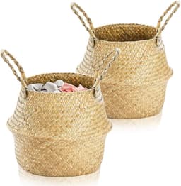 Set van 2 Opvouwbare Seagrass Opbergmanden, Kleine Wasmand en Wicker Mand met Handvat, Ideaal voor Woonkamer, Slaapkamer en Badkamer, Perfect voor Planten en Organisatie — thumbnail 1