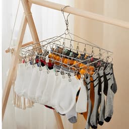 Sokkenhanger van roestvrij staal - Metalen sokkenhaken - Winddichte kledinghanger - Kledinghanger - Opbergrek - Clips - Met 30 clips - 360° draaibaar - Geschikt voor het drogen van sokken, kleine kledingstukken, enz. - Zilver — thumbnail 4