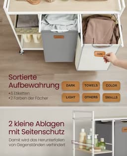 J&R Wasmand met 2 Uitneembare Waszakken – 100L Wasgoedsorteerder op Wielen – Wit — thumbnail 2