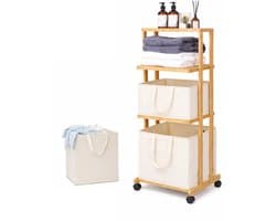 Eleganca Wassorteerder 3 Vakken - Wasmand - Met Wieltjes - H121 x L42 x B34 - Bamboe Naturel