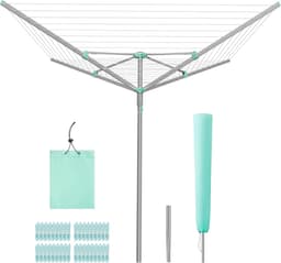 SONGMICS wasspin, wasrek, draaibar, opvouwbaar, buiten, tuin, met wasklemmen, beschermhoes, zilver, 60 m waslijn, voor 6 wasbeurten LLR308EZ01 — thumbnail 2