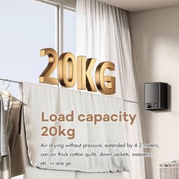 Intrekbare Waslijn voor Binnen en Buiten - 4,2 m Roestvrijstalen Kabel - Muurmontage Zonder Boren - Zelfklevend en Schroefbaar - Compact - Enkele lijn - Grijs — thumbnail 4