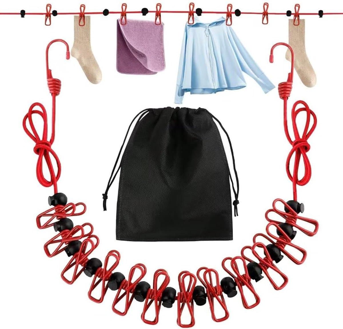 Reiswaslijn - Kledinglijn Klemmen - Drogen Buiten - Antislip Gespen - 3.6 Meter - Rood Zwart — afbeelding 1