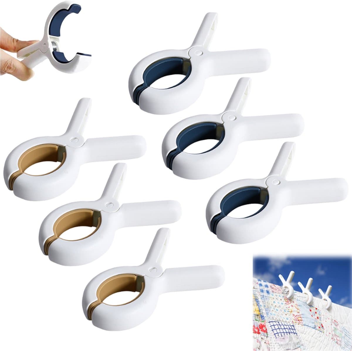 6 stuks - Knijpers - Handdoek clips - Antislip clips - Winddichte Handdoekclips - Sterke Clips voor Strand - Camping en Wasgoed - Blauw + Geel — afbeelding 1