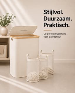 SOVARA Wasmand 3 vakken - 160L - Beige - Bamboe wassorteerder - 3 uitneembare waszakken — thumbnail 3