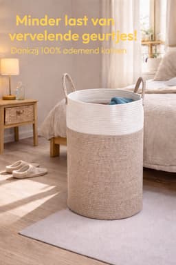 Beyahl - Wasmand katoen 52L merkloos rond opvouwbaar met handvaten 46x38 cm opbergmand speelgoedmand stevige wasbox — thumbnail 2