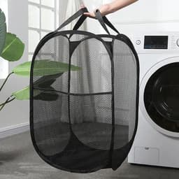 Wasmand Set van 2 Zwarte Pop-Up Wasmanden - Grote Inhoud - Opvouwbare Netwasmand met Handgrepen - Opbergen Kleding Speelgoed - Slaapkamer Badkamer — thumbnail 2
