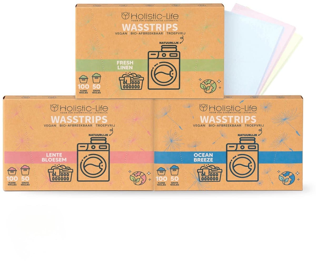 Wasstrips Proefpakket - Fresh Linen - Lentebloesem - Ocean Breeze - 3x100 Wasbeurten Incl. Wasverzachter – Wasmiddeldoekjes Wasdoekjes – Detergent sheets - Vegan — afbeelding 1