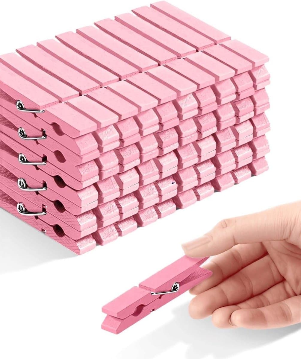 Wasknijpers - Kledingknijpers Clips - Feestdecoratie Ambachten - Sterke Grip Berkenhout - 50 stuks - Baby Roze — afbeelding 1