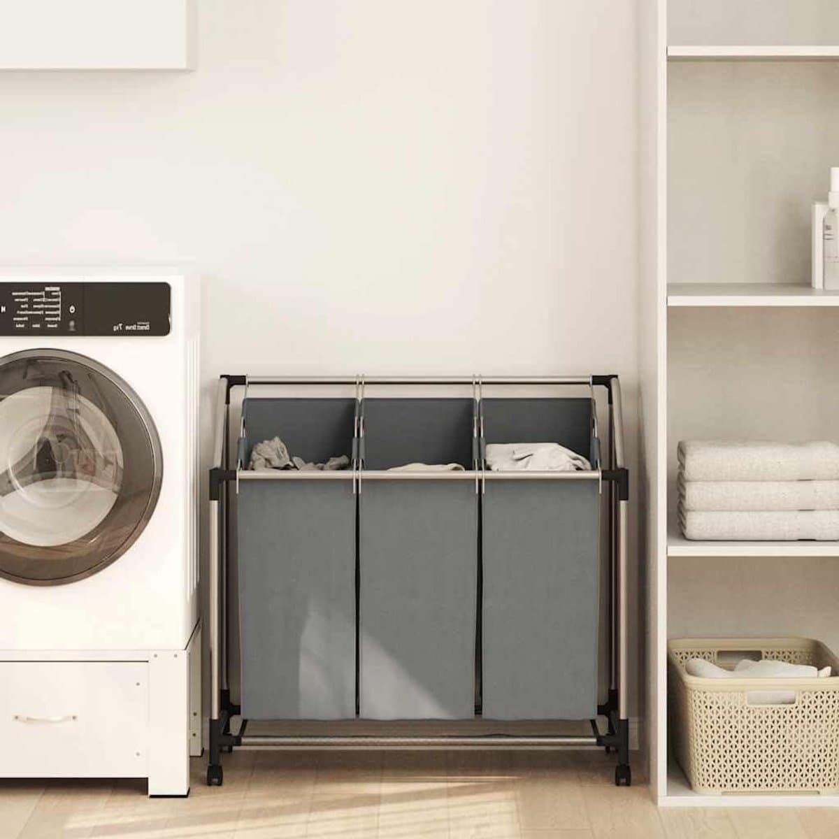 Wasmand Met Wielen - Kledingbox Opbergbox - Sorteren Kleding - Drie Compartimenten - 96 x 40 x 92 cm - Grijs — afbeelding 1