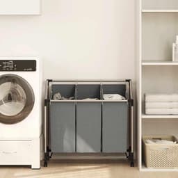 Wasmand Met Wielen - Kledingbox Opbergbox - Sorteren Kleding - Drie Compartimenten - 96 x 40 x 92 cm - Grijs — thumbnail 1