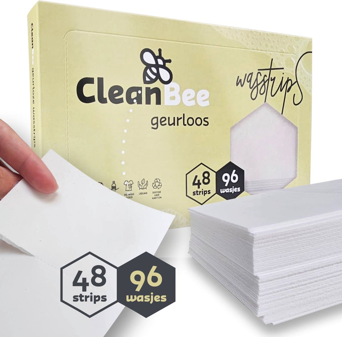 CleanBee Wasstrips Wasmiddeldoekjes 96 Wasbeurten Geurloos Wasvellen Wasdoekjes Wasmiddel Detergent Sheets Laundry Strips Voor alle kleuren was — afbeelding 1