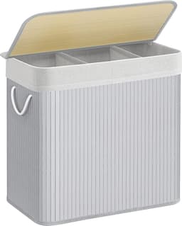 Songmics - Wasmand met 3 compartimenten - 150 liter - van bamboe - 62x40x61.5 cm - grijs — thumbnail 1
