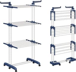 Droogrek - Wasrek - Wastoren - Droogtoren - op Wielen - 3-Tier - Inklapbare Vleugels - Antislip Stangen - voor Binnen en Buiten - Grote Gezinnen - Uitschuifbaar - Lengte 66-130cm - 73x13.5x22.5cm - Blauw en Wit — thumbnail 1