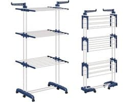 Droogrek - Wasrek - Wastoren - Droogtoren - op Wielen - 3-Tier - Inklapbare Vleugels - Antislip Stangen - voor Binnen en Buiten - Grote Gezinnen - Uitschuifbaar - Lengte 66-130cm - 73x13.5x22.5cm - Blauw en Wit