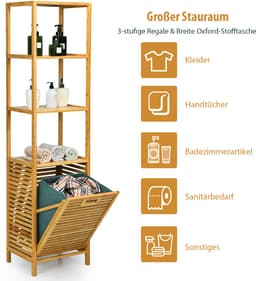 COSTWAY 2 in 1 Badkamerplank & wasmand, hoge kast voor badkamer van bamboe met 3 planken, waskast met uitneembare waszak & handvat, badkamerkast voor badkamer slaapkamer wasruimte, natuur — thumbnail 3