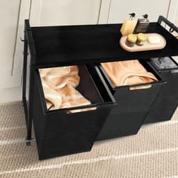 Rivera Wasmand op Wieltjes - Grote wassorteerder met Plank en 4 haken - Wasmanden 3 vakken - Uittrekbaar en verwijderbaar - 3 x 38 L - Zwart — thumbnail 4