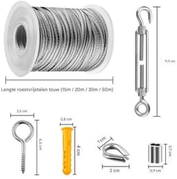 Hangende waslijn roestvrij stalen kabel - hangende roestvrijstalen kabel - 30M wastouw voor buiten - droogrek voor buitenkleding - metalen kabel voor buiten - roestvrijstalen relingkabelset — thumbnail 4