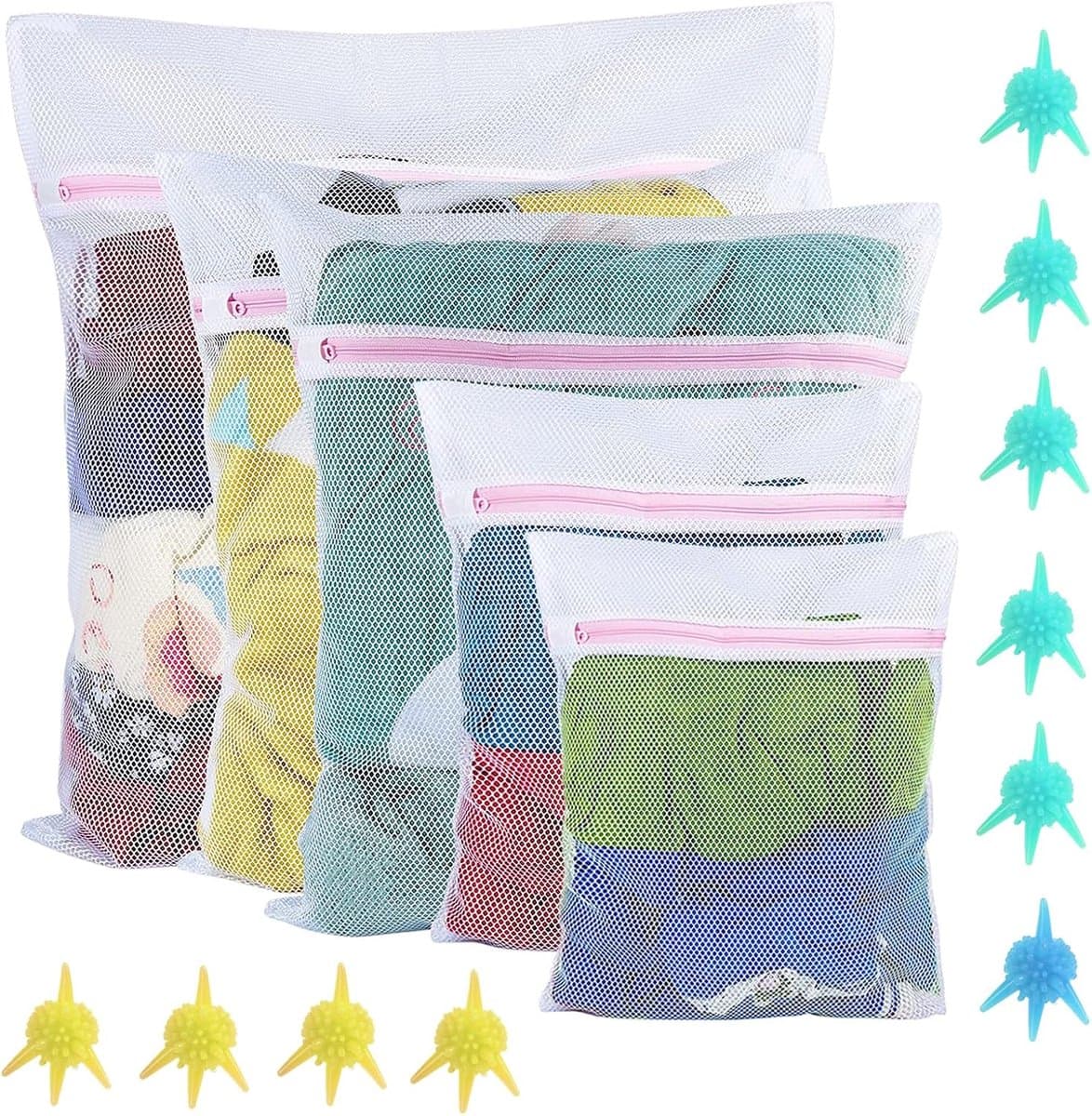 Set van 5 wasnetten voor wasmachine, waszak met ritssluiting, duurzame waszak, ontvang 10 vlekverwijderingsballen, voor gevoelige schoenen, babykleding — afbeelding 1