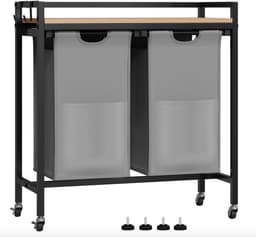 J&R Wasmand kastje - Wasmand met 2 vakken - Wassorteerder - Wasmand tafel - Waszak - Badkamerkast - Wasmand meubel - Wasmand rek - Light oak - Zwart metaal — thumbnail 1