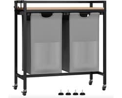 J&R Wasmand kastje - Wasmand met 2 vakken - Wassorteerder - Wasmand tafel - Waszak - Badkamerkast - Wasmand meubel - Wasmand rek - Light oak - Zwart metaal