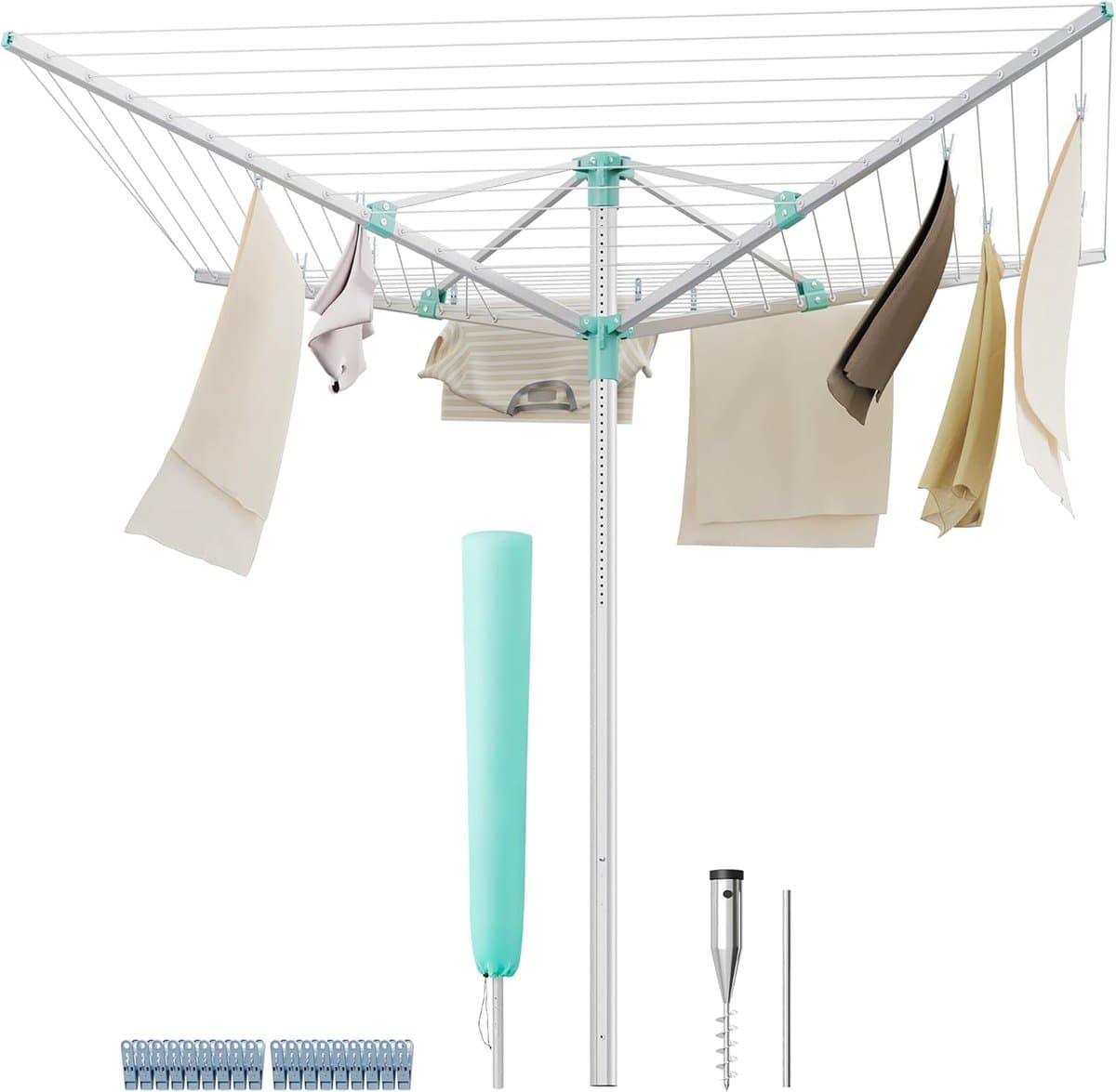 Furnstar - Droogrek in hoogte verstelbaar 60 m waslijn voor 6 wasmachineladingen outdoor tuin met bodemhuls wasknijpers zilver-groen LLR302E01 — afbeelding 1