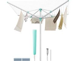 Furnstar - Droogrek in hoogte verstelbaar 60 m waslijn voor 6 wasmachineladingen outdoor tuin met bodemhuls wasknijpers zilver-groen LLR302E01