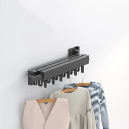 PolkaHome® droogrek hangend inklapbaar, wasdroogrek ophangbaar, Wandmontage wasrek, droogrek uitklapbaar, intrekbaar en opvouwbaar kledingophangrek met U-haken, buiten - binnen voor wasruimte, balkon, kast -drievoudig (zwart) — thumbnail 4