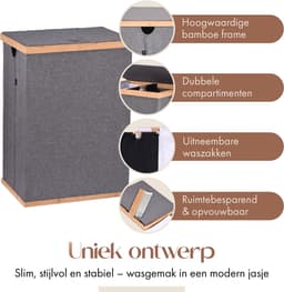 Zessta® Wasmand 2 Vakken - Wasmand met deksel - Wasmand - Wassorteerder - Opvouwbaar - Inklapbaar - 160L - Grijs - Bamboe — thumbnail 5