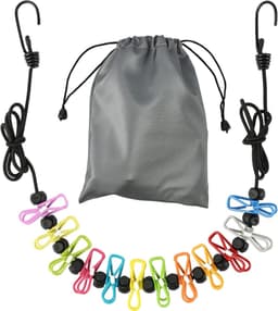 1 stuks - Elastische waslijn - Kampeerwaslijn - Reis waslijn - Waslijn - draagbare kampeer waslijn - met 12 wasknijpers - kampeeraccessoires - reiswaslijn voor buiten en binnen - met 1 canvas tassen - elastische waslijn voor campers en hotelkamers — thumbnail 1