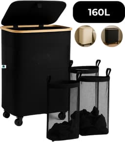 AKSA Home® Wasmand met Wieltjes - Wassorteerder met 3 vakken - Wasmand Opvouwbaar met Deksel - 160L - Zwart — thumbnail 1