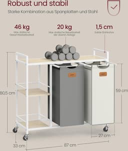 FurnStar - Wasmand 2 vakken - wasverzamelaar 100 l - wassorteerder - rollen - waswagen met planken - waszak - met afneembare vakken - 6 etiketten - kastanjebruin-inktzwart-87 x 33 x 80,5 cm - natuurbeige + duifgrijs + crèmewit — thumbnail 3