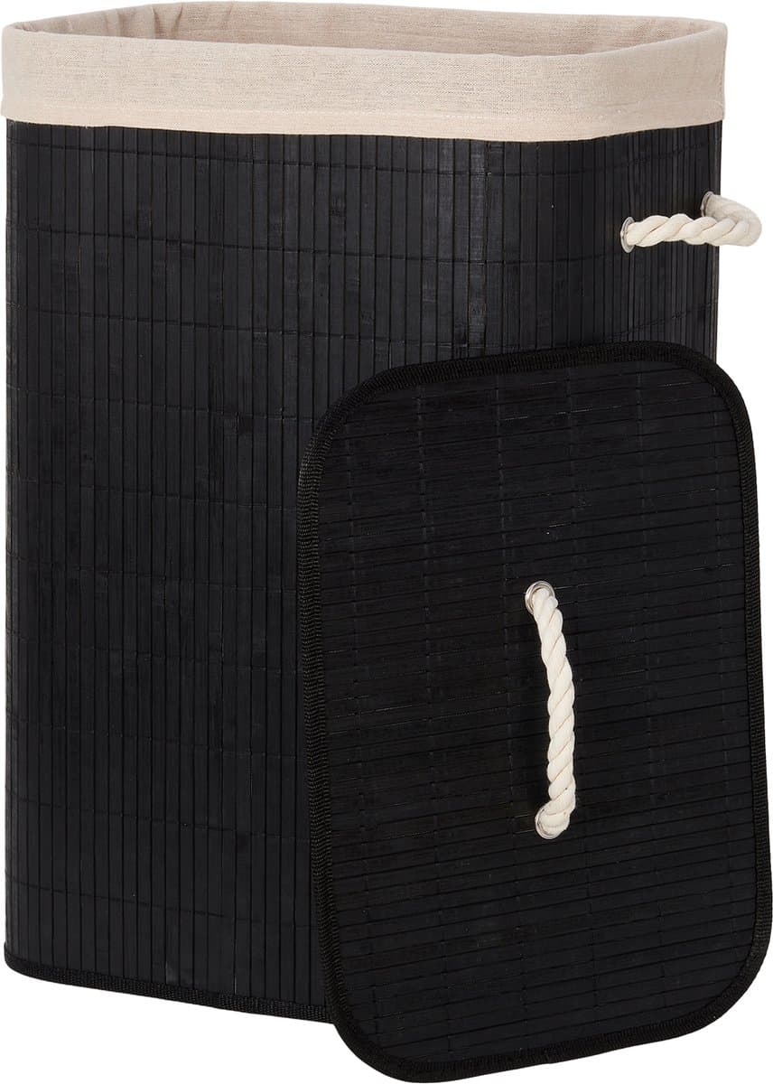 Infinity Goods Wasmand met Deksel Zwart - Bamboe - Wassorteerder - Wasbare katoenen waszak - Handvatten - 72 Liter - Zwart — afbeelding 1