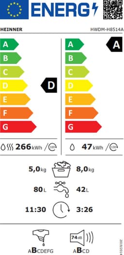 Heinner HWDM-H8514A Compact Was-droogcombinatie - 8 kg Wassen / 5 kg Drogen - 1400 tpm - Energieklasse A - Stoomfunctie - Inverter Motor - LED Display - Wit - 5 Jaar Garantie — thumbnail 2