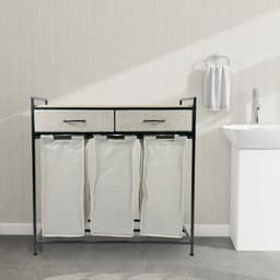 Casayali® TrioSort Wasmanden 150 Liter - Wasmand 3 Vakken - Uitschuifbare Wassorteerder met Laden - Lichtgrijs — thumbnail 2