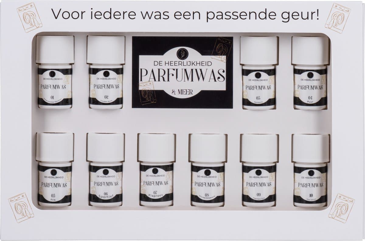 Parfumwas Cadeaupakket – 10 Geuren – Luxe Probeerset Wasparfum – 1-2 Wasbeurten per Geur – Cadeau & Geurentest – De Heerlijkheid — afbeelding 1
