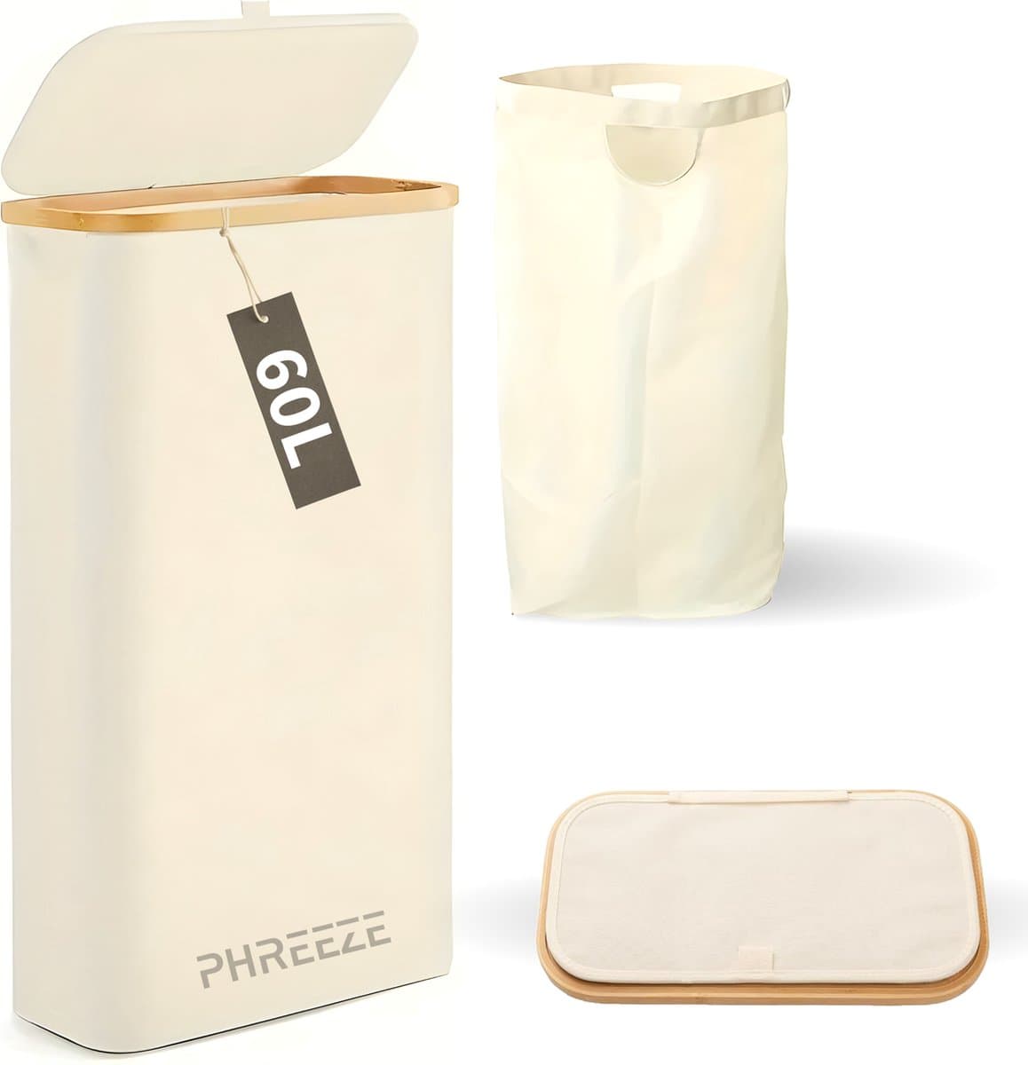 Smalle Wasmand met Deksel en Waszak - 60L - Smal - Wasmand - Opvouwbaar - Opbergmand - Linnen - Beige — afbeelding 1