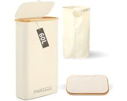 Smalle Wasmand met Deksel en Waszak - 60L - Smal - Wasmand - Opvouwbaar - Opbergmand - Linnen - Beige — afbeelding 1