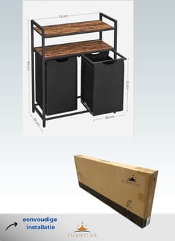 Furnstar Wasmand 92L – 2 Compartimenten – Met 2 Planken – Uitschuifbare Waszakken – Stevig Metalen Frame – Vintage Bruin/Zwart — thumbnail 3