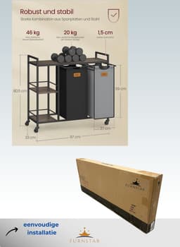 FurnStar - Wasmand 2 vakken - wasverzamelaar 100 l - wassorteerder - rollen - waswagen met planken - waszak - met afneembare vakken - 6 etiketten - kastanjebruin-inktzwart-87 x 33 x 80,5 cm - duifgrijs — thumbnail 2