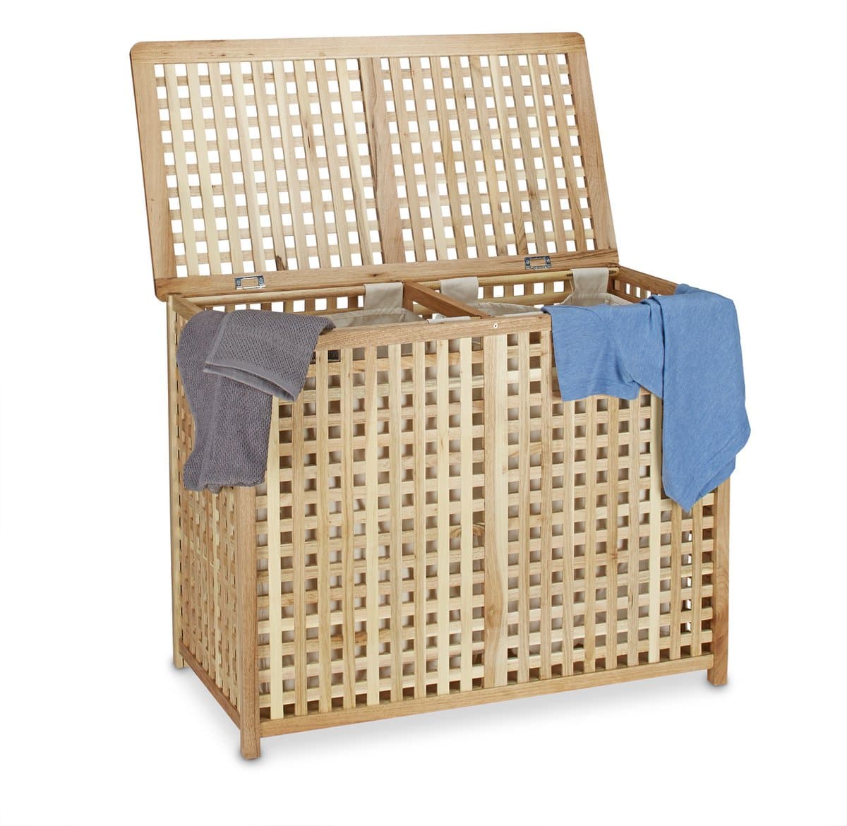duo wasmand walnotenhout - met 2 waszakken - dubbel - 68 x 88 x 46 cm — afbeelding 1