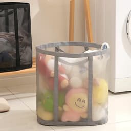 Opvouwbare ademende wasmand - waszak van gaas - wasmand voor het sorteren van kleding - waszak van gaas met handvat - opvouwbare wasmand - opvouwbare wasmand voor wandmontage - geschikt voor badkamer - studentenkamers - reizen - grijs — thumbnail 2