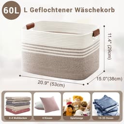 Grote geweven wasmand van katoenen touw, 60 liter opbergmand met leren handvatten, mand voor dekens, kleding, speelgoed, wasmand voor kinderkamer of woonkamer, 53 x 38 x 29 cm, wit en bruin — thumbnail 4