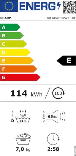 Sharp KD-NHA7S7PW21-DE warmtepomp droger voorlader E, 7 kg, 15 programma’s, 30 minuten kort programma, zachte trommel, LED interieurverlichting, kinderslot, wit — thumbnail 5