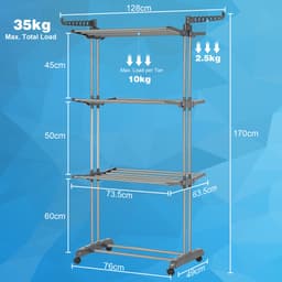 YONO Wasrek XL Staand en Inklapbaar op Wieltjes - Droogrek Toren - Metaal - 4 Hoog tot 35kg - Grijs — thumbnail 2