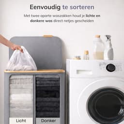 ACAZA Wasmand Met Deksel - 2 Vakken - 130 L - Bamboe - 52 x 38,5 x 70,5 cm - Grijs — thumbnail 3